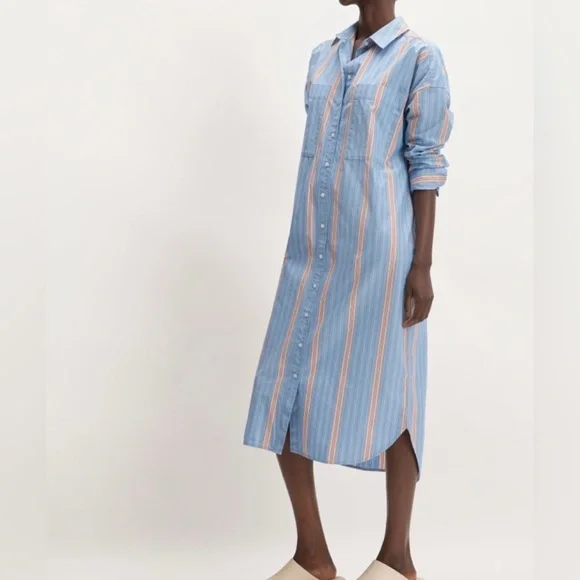 EVERLANE Size M Blue Striped The Midi Cotton Shirt Dress - Picture 3 of 7